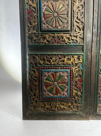 Antique Hand-Carved & Painted Double Door — Gold Calligraphy Medallions & Polychrome Rosette Panels