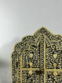 Hand-Inlaid Moorish Arch Cabinet — Camel Bone on Black Resin with Floral Vine Panels