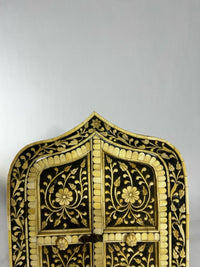 Hand-Crafted Moorish Arch Cabinet — Bone Mosaic & Resin with Floral Vine Panels