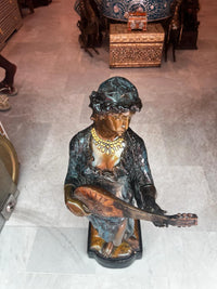 Bronze Female Musician Sculpture — Orientalist Mandolin Player in Polychrome Patina
