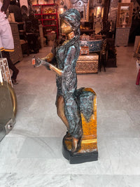 Bronze Female Musician Sculpture — Orientalist Mandolin Player in Polychrome Patina