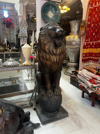 Life-Size Bronze Lion Sculptures — Matching Pair of Roaring Sentinels on Globe & Pedestal Base