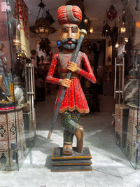 Hand-Carved & Painted Wooden Royal Guard Figurine — Life-Size Rajasthani Sentinel with Staff