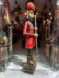 Hand-Carved & Painted Wooden Royal Guard Figurine — Life-Size Rajasthani Sentinel with Staff