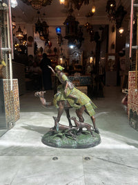 Bronze Orientalist Camel Rider Sculpture — Polychrome Huntsman with Saluki Dogs on Naturalistic Base