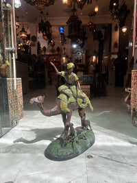 Bronze Orientalist Camel Rider Sculpture — Polychrome Huntsman with Saluki Dogs on Naturalistic Base
