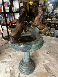 Bronze Horse Fountain — Three Rearing Stallions on Verdigris Column Pedestal