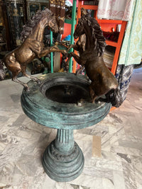 Bronze Horse Fountain — Three Rearing Stallions on Verdigris Column Pedestal