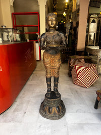 Life-Size Bronze Deepa Lakshmi Sculpture — Temple Attendant with Offering Tray