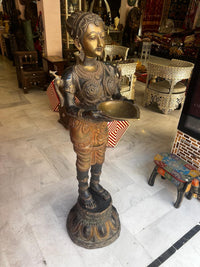 Life-Size Bronze Deepa Lakshmi Sculpture — Temple Attendant with Offering Tray