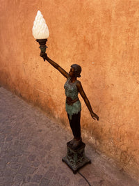 Bronze Female Torchère Floor Lamps — Matching Pair of Art Deco Torch Bearers with Frosted Glass Flame Shade