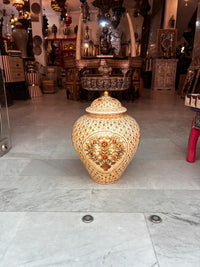 Hand-Painted Camel Bone Lidded Urns — Matching Pair, Mughal Floral Bouquet on Ivory Ground