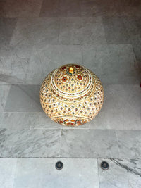 Hand-Painted Camel Bone Lidded Urns — Matching Pair, Mughal Floral Bouquet on Ivory Ground