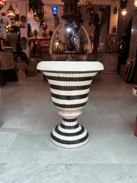 Black & White Striped Camel Bone Chalice Urn — Monochrome Inlaid Pedestal Vessel