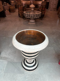 Black & White Striped Camel Bone Chalice Urn — Monochrome Inlaid Pedestal Vessel
