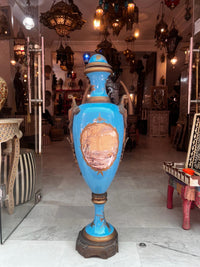 Monumental Napoléon III Porcelain Urns — Hand-Painted Turquoise & Gilt Bronze Matching Pair