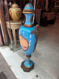 Monumental Napoléon III Porcelain Urns — Hand-Painted Turquoise & Gilt Bronze Matching Pair