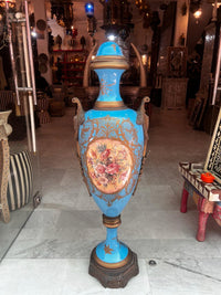 Monumental Napoléon III Porcelain Urns — Hand-Painted Turquoise & Gilt Bronze Matching Pair
