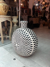 Black & White Chequerboard Camel Bone Moon Flask — Op-Art Inlaid Vessel