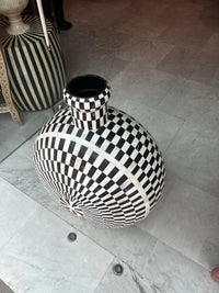 Black & White Chequerboard Camel Bone Moon Flask — Op-Art Inlaid Vessel