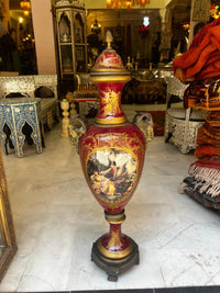 Napoléon III Porcelain Urns — Crimson & Gilt Bronze with Hand-Painted Cartouches, Matching Pair