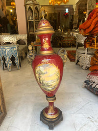 Napoléon III Porcelain Urns — Crimson & Gilt Bronze with Hand-Painted Cartouches, Matching Pair