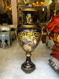 Monumental Napoléon III Porcelain Urns — Cobalt Blue & Gilt Bronze with Hand-Painted Cartouches, Matching Pair