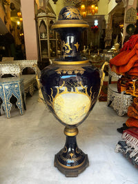 Monumental Napoléon III Porcelain Urns — Cobalt Blue & Gilt Bronze with Hand-Painted Cartouches, Matching Pair