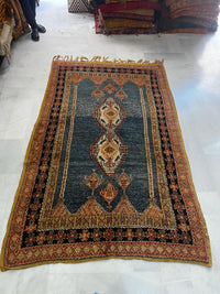 Antique High Atlas Tribal Carpet — Double Medallion in Slate Blue & Saffron, Hand-Knotted Wool