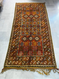 Antique Moroccan Tribal Carpet — All-Over Geometric Field in Amber, Terracotta & Indigo, Hand-Knotted Wool