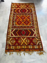 Antique Moroccan Tribal Carpet — Triple Medallion in Burnt Orange, Crimson & Forest Green, Hand-Knotted Wool