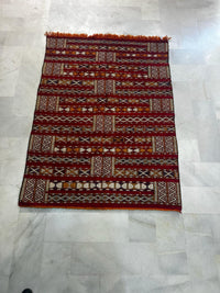 Moroccan Flatweave Kilim — Crimson Horizontal Bands with Geometric Motifs, Hand-Woven Wool