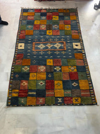Moroccan Tribal Carpet — Multicolour Patchwork Field on Slate Blue Ground, Hand-Knotted Wool