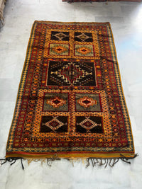 Antique Moroccan Tribal Carpet — Six-Panel Grid in Espresso, Amber & Crimson, Hand-Knotted Wool