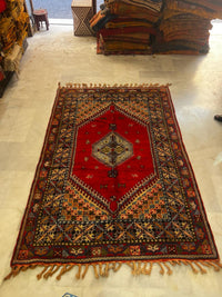 Antique Moroccan Tribal Carpet — Single Medallion on Crimson Field with Floral Border, Hand-Knotted Wool