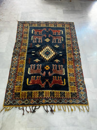 Antique Moroccan Tribal Carpet — Figural Animal Field on Midnight Blue Ground, Hand-Knotted Wool
