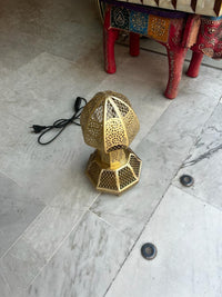 Moorish Brass Table Lamps — Hand-Pierced Arabesque Lattice, Matching Pair