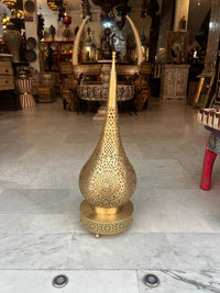 Moorish Brass Table Lamp — Hand-Pierced Teardrop Form with Minaret Finial, Matching Pair