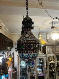Moorish Cloisonné Enamel Pendant Lanterns — Hand-Enamelled Polychrome Globe, Matching Pair