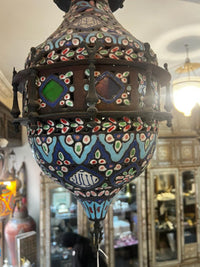 Moorish Cloisonné Enamel Pendant Lanterns — Hand-Enamelled Polychrome Globe, Matching Pair