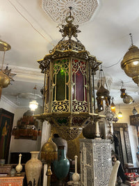 Monumental Moorish Brass Chandelier — Hexagonal Stained Glass & Hand-Pierced Arabesque, Single