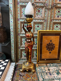 Orientalist Figural Torchère Lamps — Polychrome Bronze Male & Female Pair with Frosted Glass Flame Shade