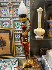 Orientalist Figural Torchère Lamps — Polychrome Bronze Male & Female Pair with Frosted Glass Flame Shade