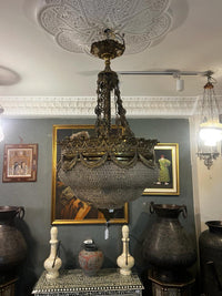Monumental Empire-Style Brass & Crystal Basket Chandelier — Draped Bronze Crown with Crystal Bead Basket, Single