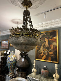 Monumental Empire-Style Brass & Crystal Basket Chandelier — Draped Bronze Crown with Crystal Bead Basket, Single