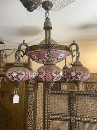 Moorish Mosaic Glass Multi-Arm Chandelier — Crimson & Silver Star Globes with Brass Centre, Single