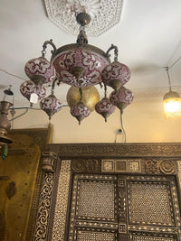 Moorish Mosaic Glass Multi-Arm Chandelier — Crimson & Silver Star Globes with Brass Centre, Single
