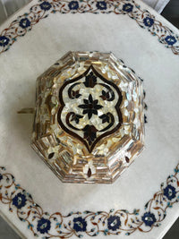 Octagonal Mother of Pearl & Wood Inlay Jewellery Box — Velvet-Lined with Arabesque Lid