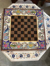 Khatam & Hand-Painted Lacquer Chess Board — Polychrome Peacock & Floral Border, Board Only