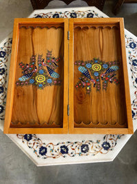 Khatam & Hand-Painted Lacquer Chess Board — Polychrome Peacock & Floral Border, Board Only